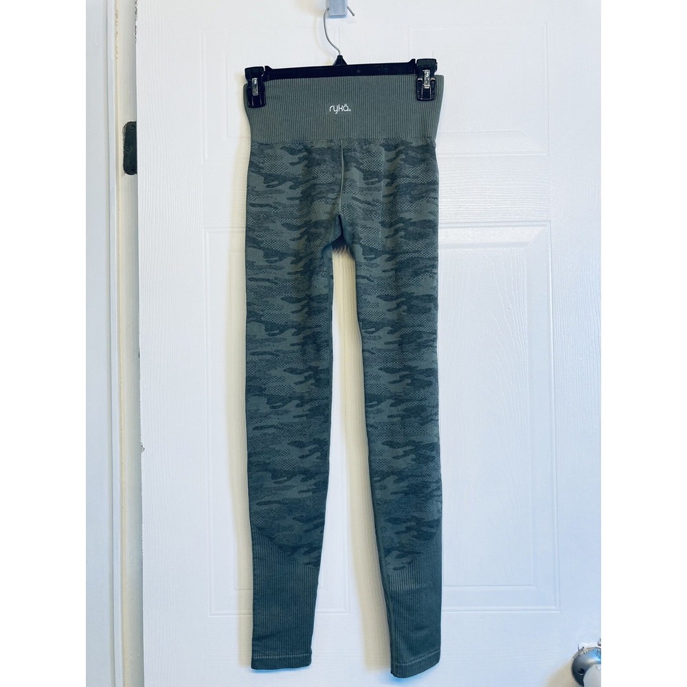 Ryka Camouflage Seamless Leggings Women Small‎ Green High Rise Ribbed Activewear